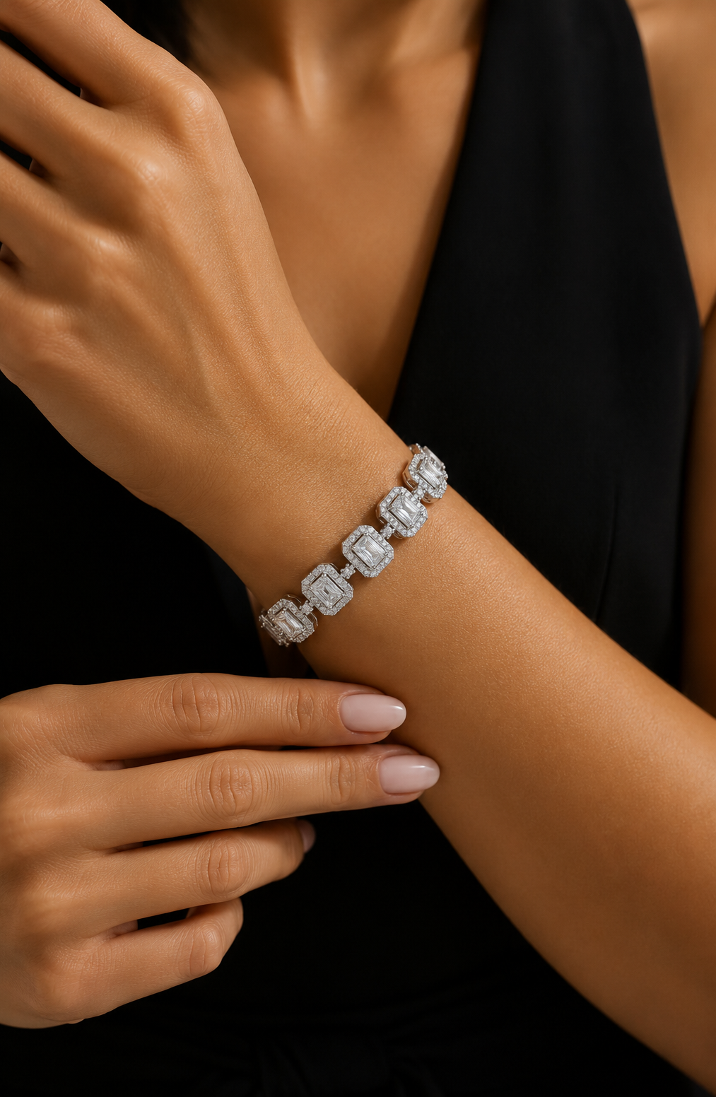 Premium Emerald Cut Solitaire Tennis Bracelet with Diamond Cluster on Pure 925 Silver