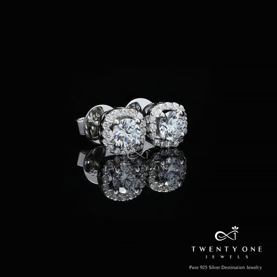 50 Cents Solitaire Deneese Square Border Solitaire Studs with Premium Screw Backs - White Gold Finish