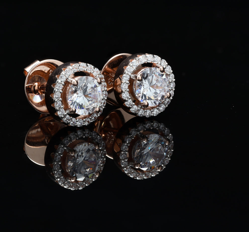 1.3 Carat Rose Gold Halo Solitaire Studs on 925 Silver