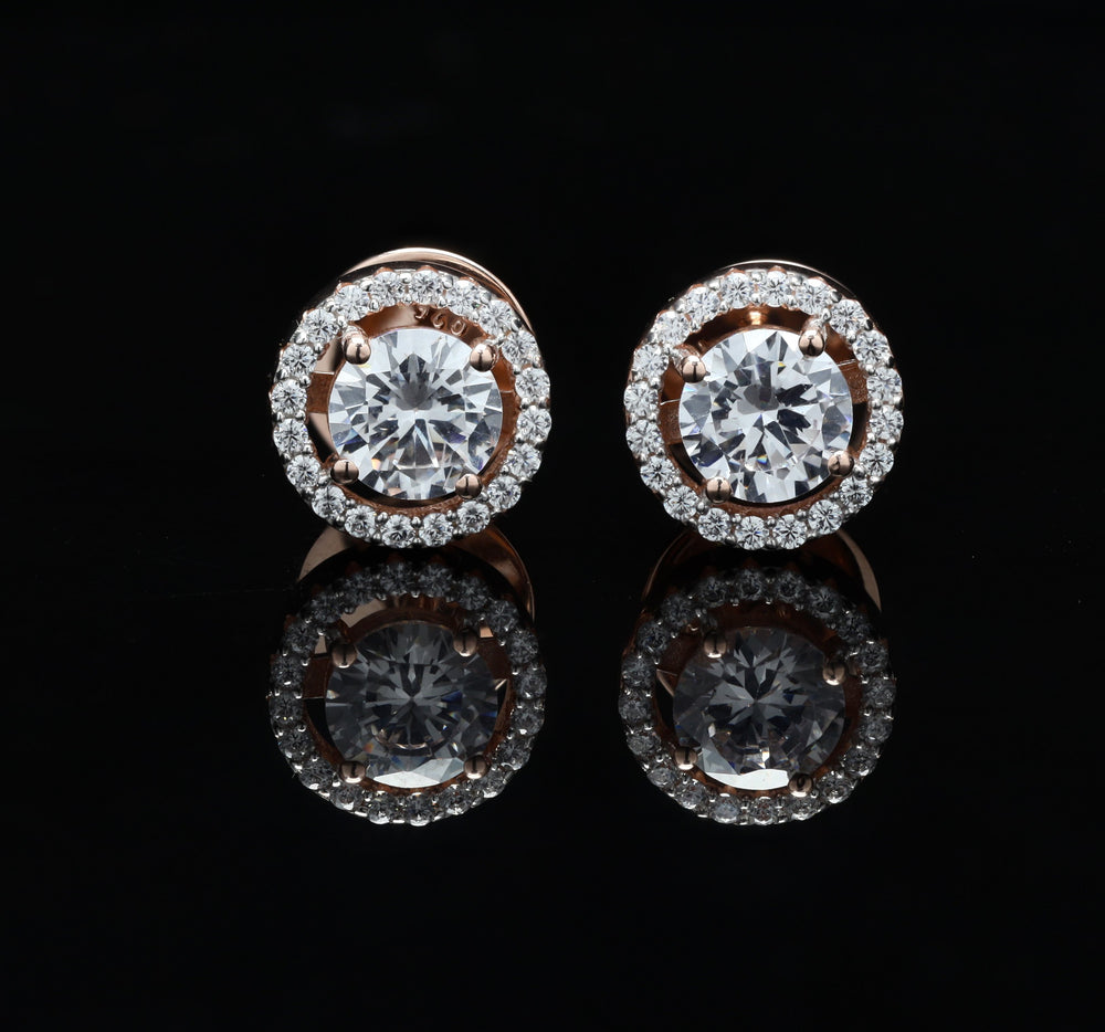 1.3 Carat Rose Gold Halo Solitaire Studs on 925 Silver