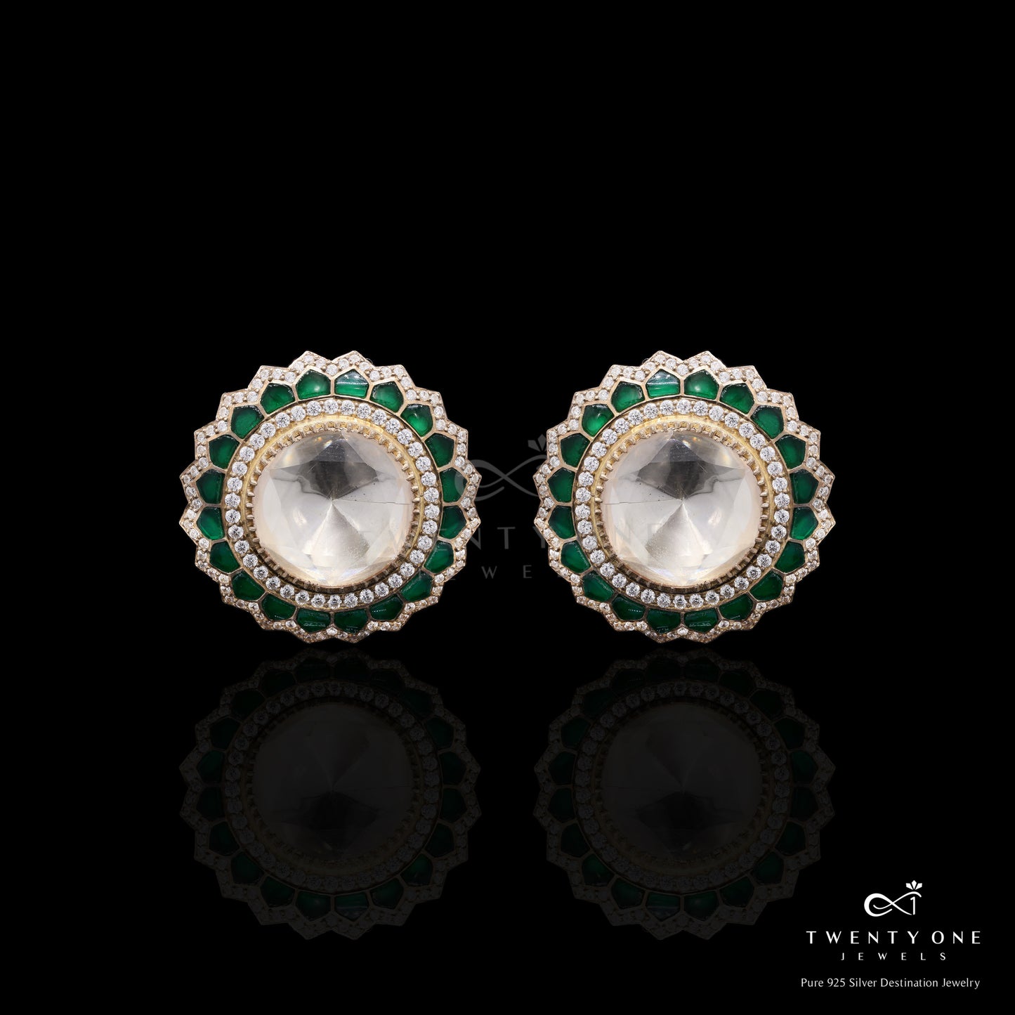 Pure 925 Silver Moissanite Polki and Emerald Statement Gayatri Studs