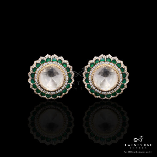 Pure 925 Silver Moissanite Polki and Emerald Statement Gayatri Studs