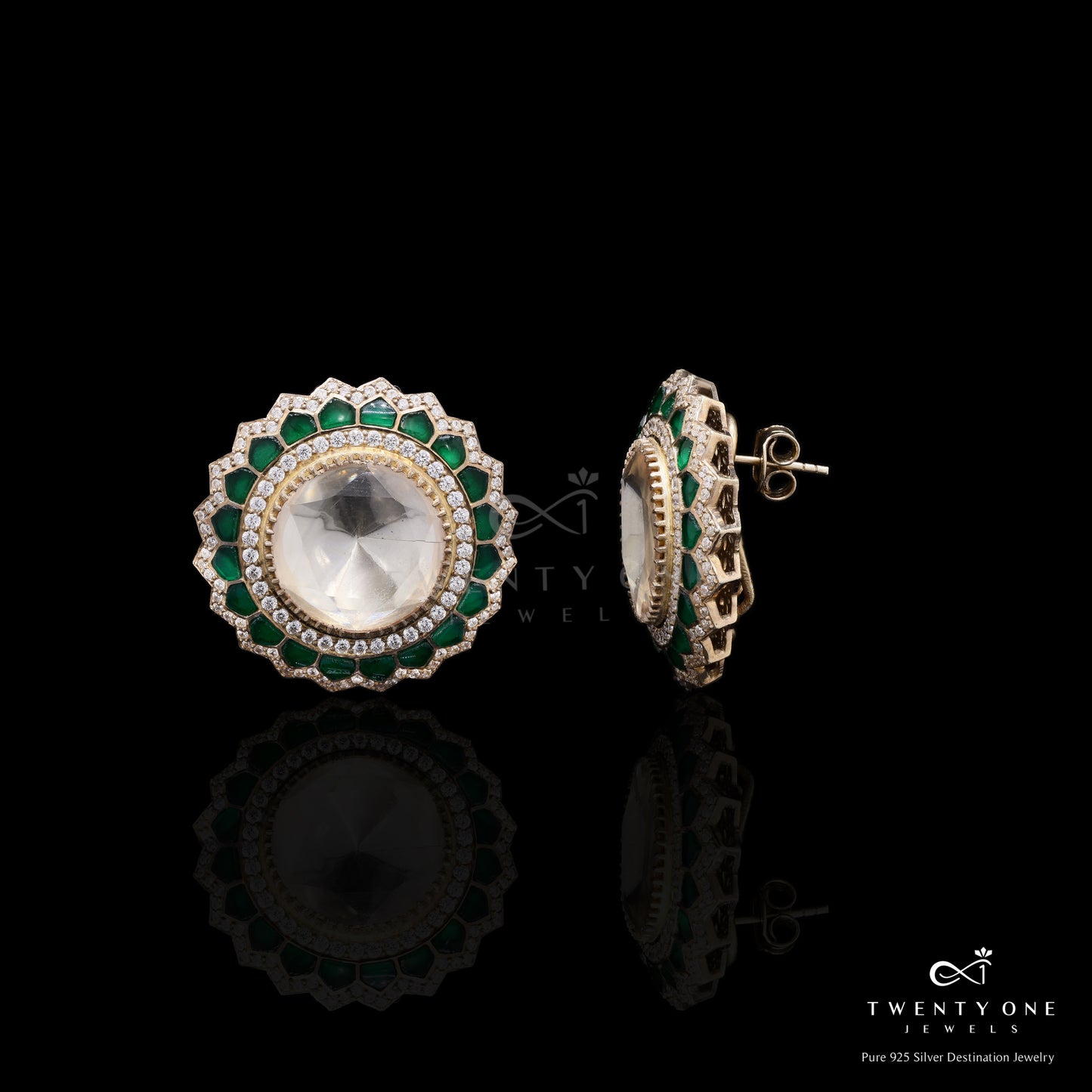 Pure 925 Silver Moissanite Polki and Emerald Statement Gayatri Studs