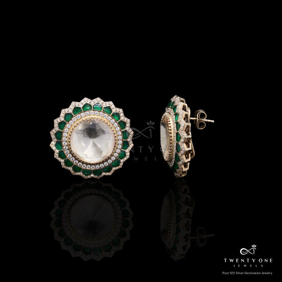 Pure 925 Silver Moissanite Polki and Emerald Statement Gayatri Studs
