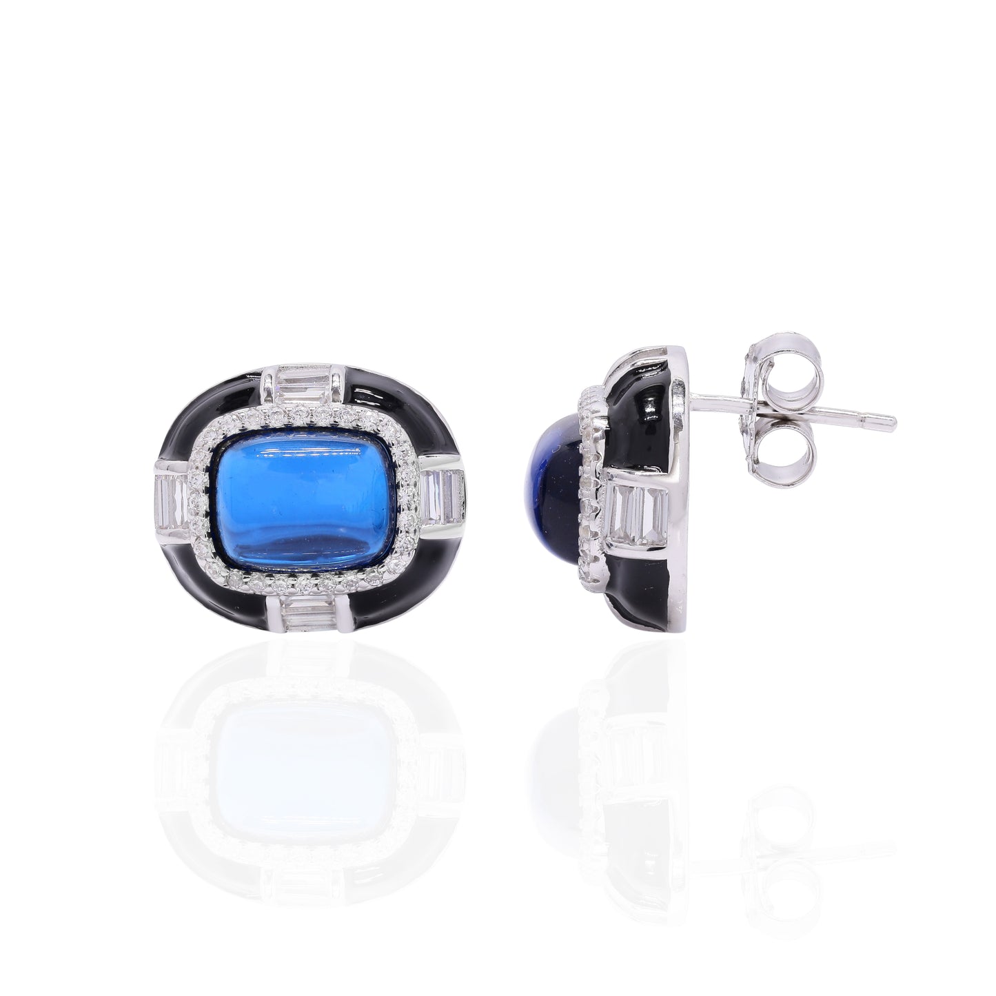 Ultra Premium Blue Crystal Cabochon Black Onyx Stud Earrings on Pure 925 Silver