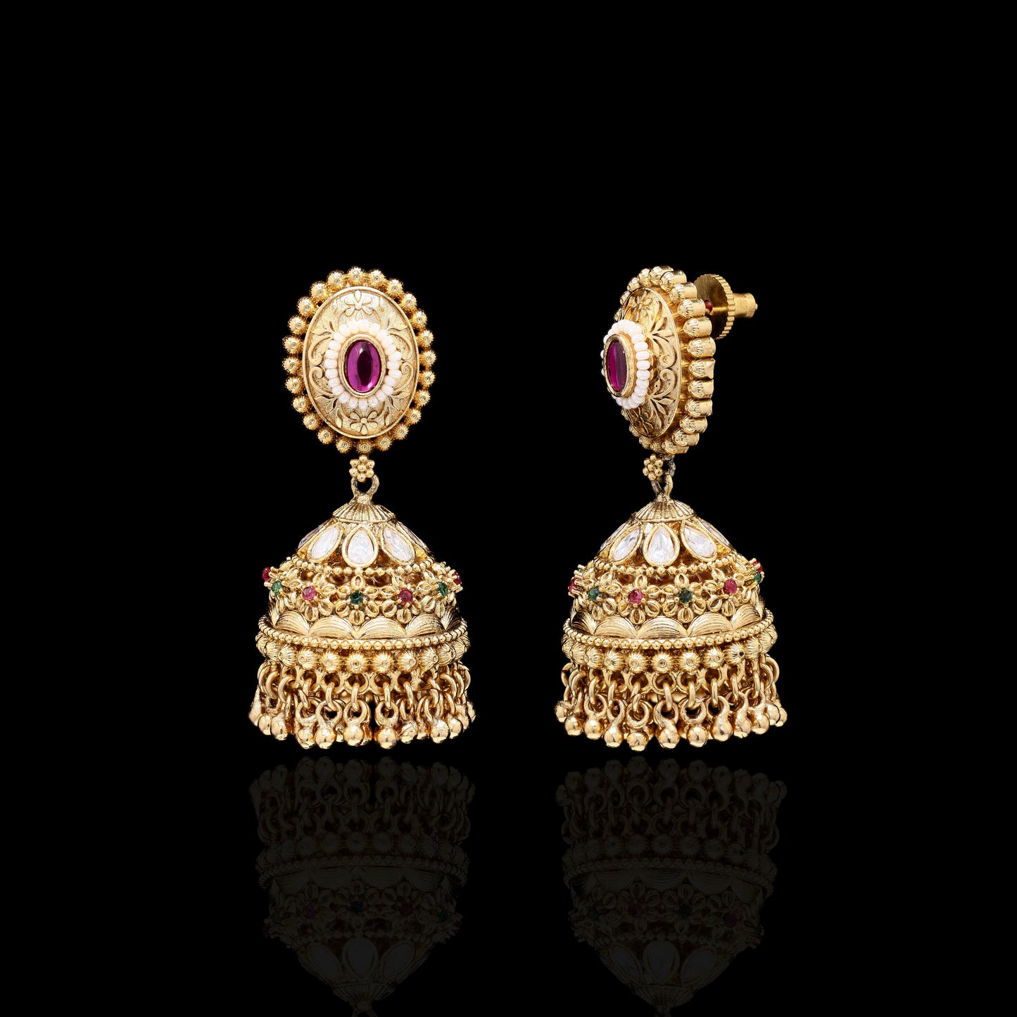 Festive Exclusive Gold Finish Gayatri Jhumkis with Ruby and Emerald Detailing
