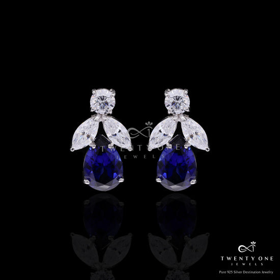 Ultra Premium Blue Sapphire Tory Earrings with Round Cut and Marquise Solitaires on Pure 925 Silver