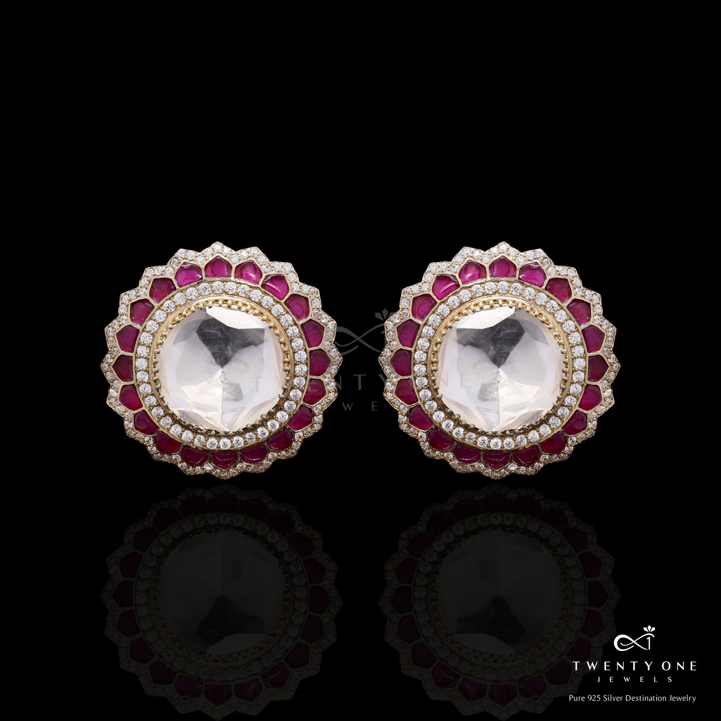Pure 925 Silver Moissanite Polki Ruby Dana Statement Studs