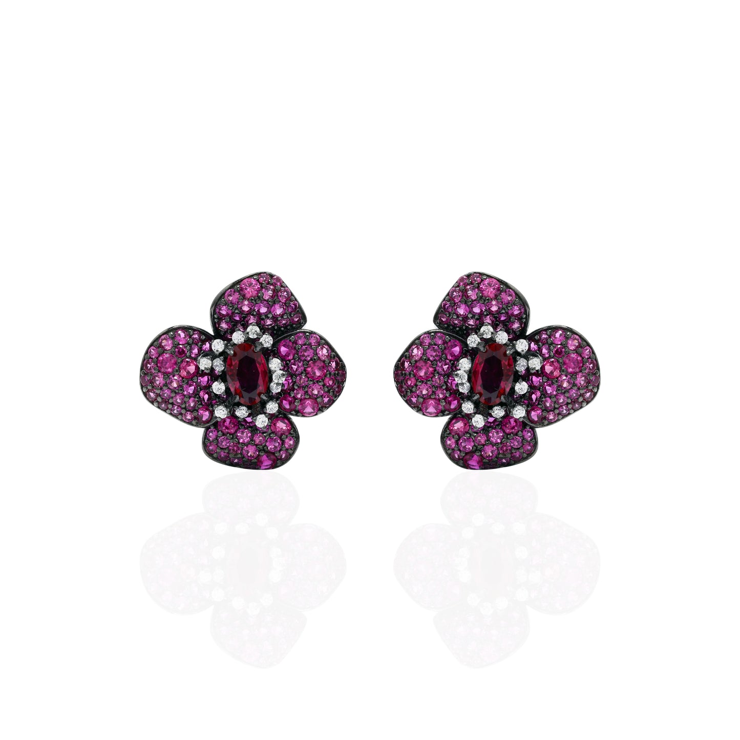 Premium Victorian Black Rhodium Finish Invisible Setting Ruby Floral Betty Studs on Pure 925 Silver