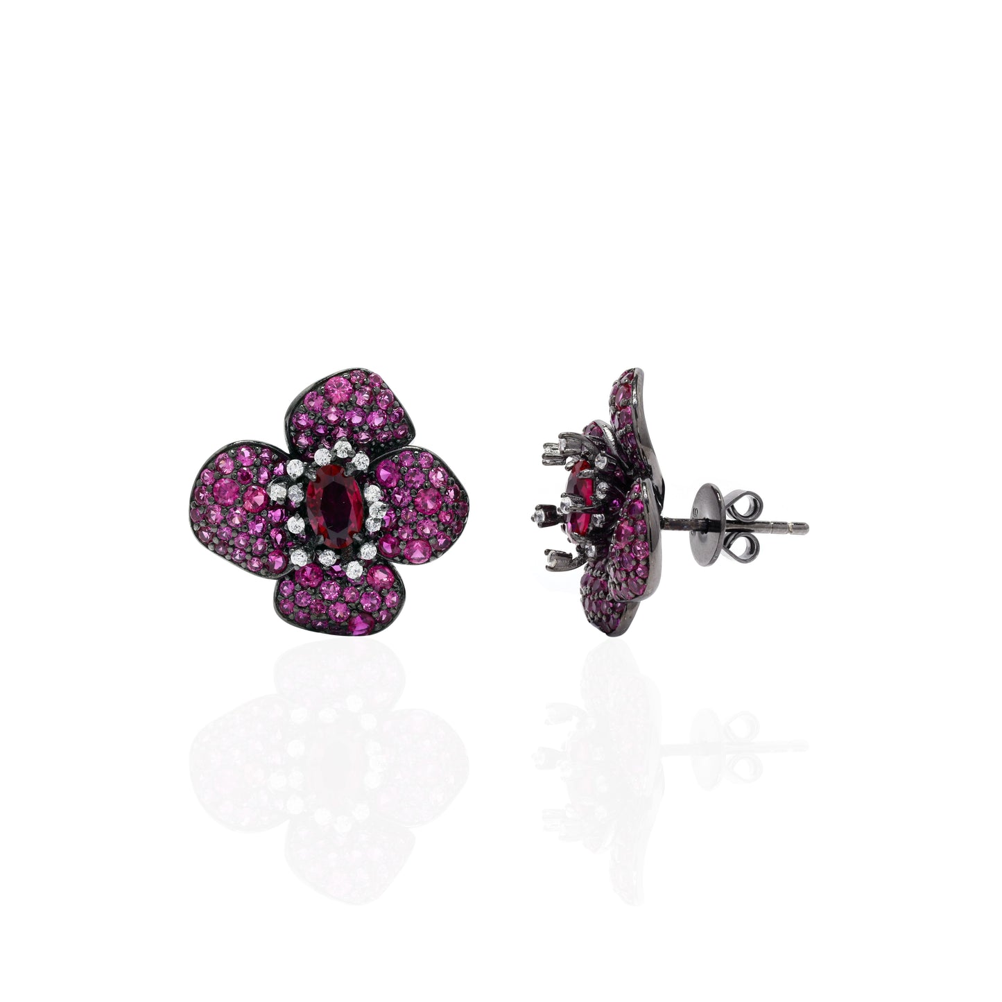 Premium Victorian Black Rhodium Finish Invisible Setting Ruby Floral Betty Studs on Pure 925 Silver