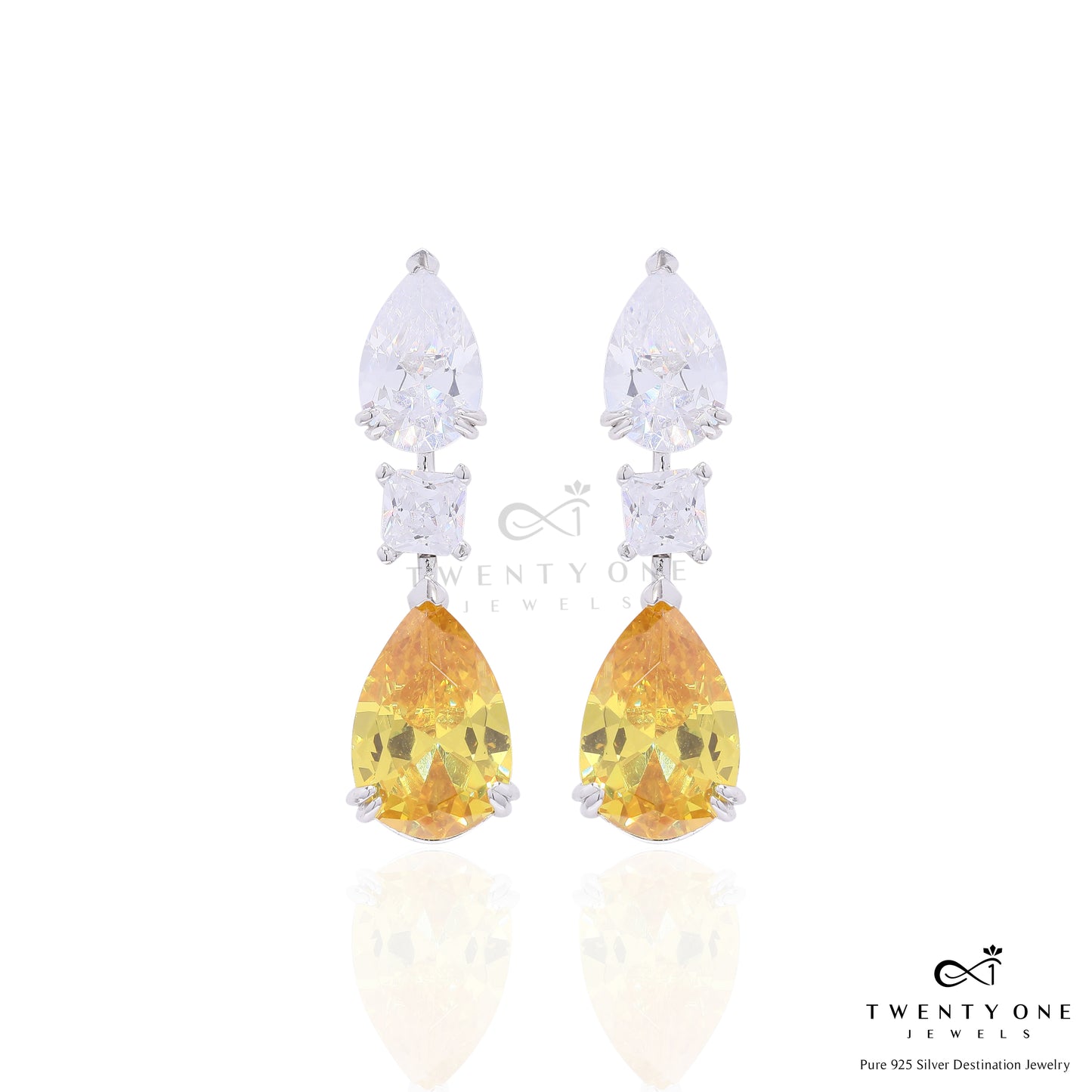Yellow and White Diamond Drop Solitaire Party Earrings with Princess Cut Centre on Pure 925 Silver
