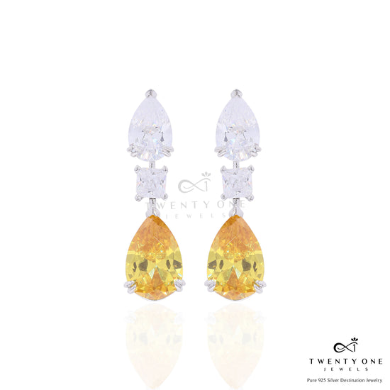 Yellow and White Diamond Drop Solitaire Party Earrings with Princess Cut Centre on Pure 925 Silver
