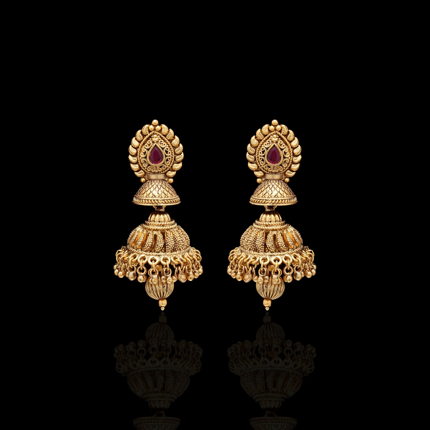 Festive Exclusive Gold Finish Double Layer Nitya Jhumki with Ruby Detai;ing