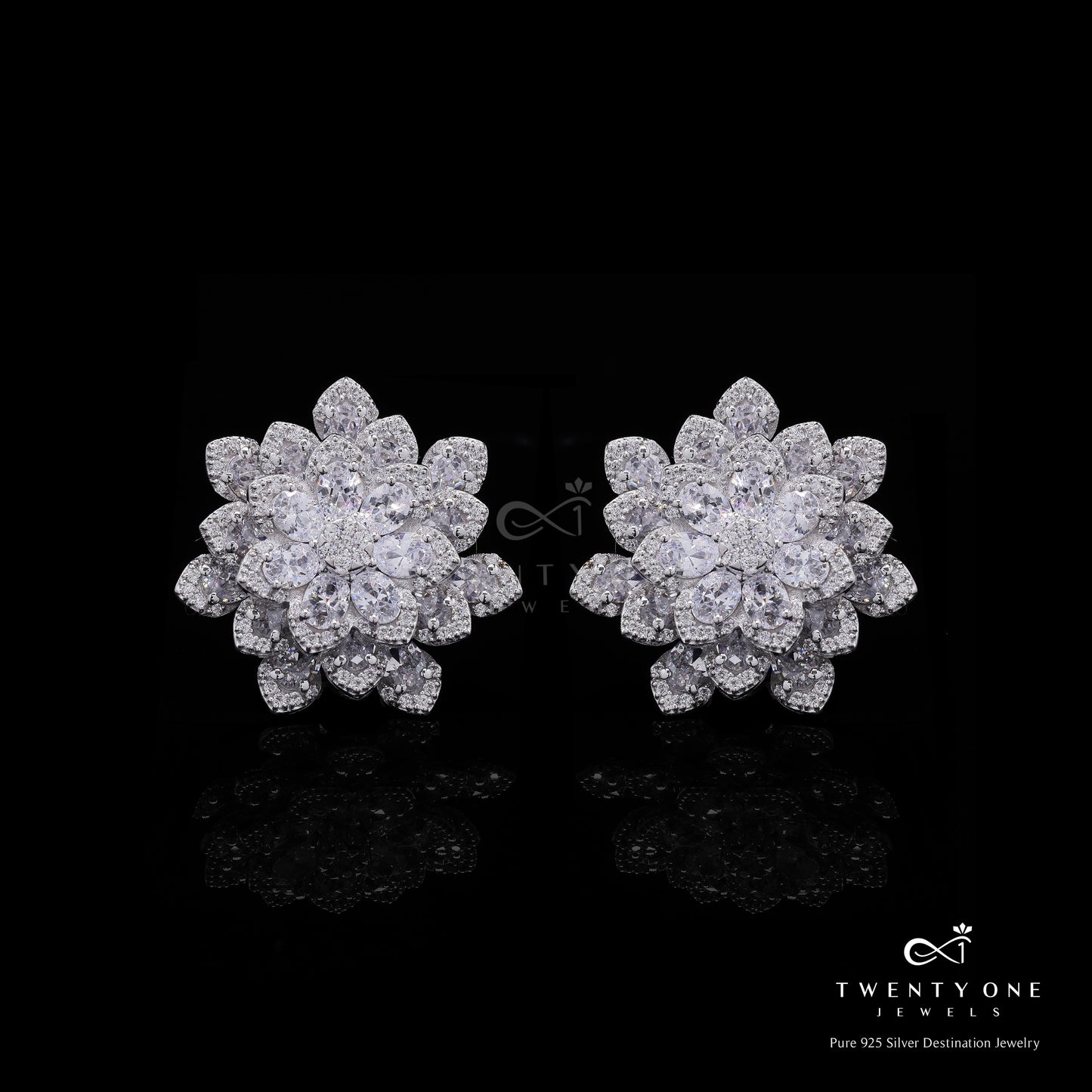 Premium Oval Solitaire Samira Floral Studs with Premium Screw Backs on Pure 925 Silver