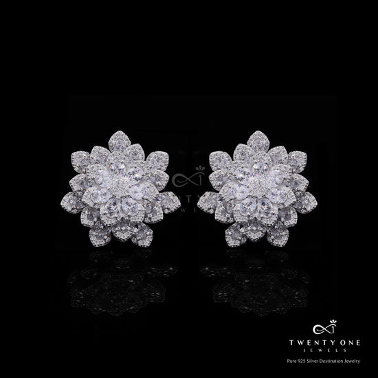 Premium Oval Solitaire Samira Floral Studs with Premium Screw Backs on Pure 925 Silver