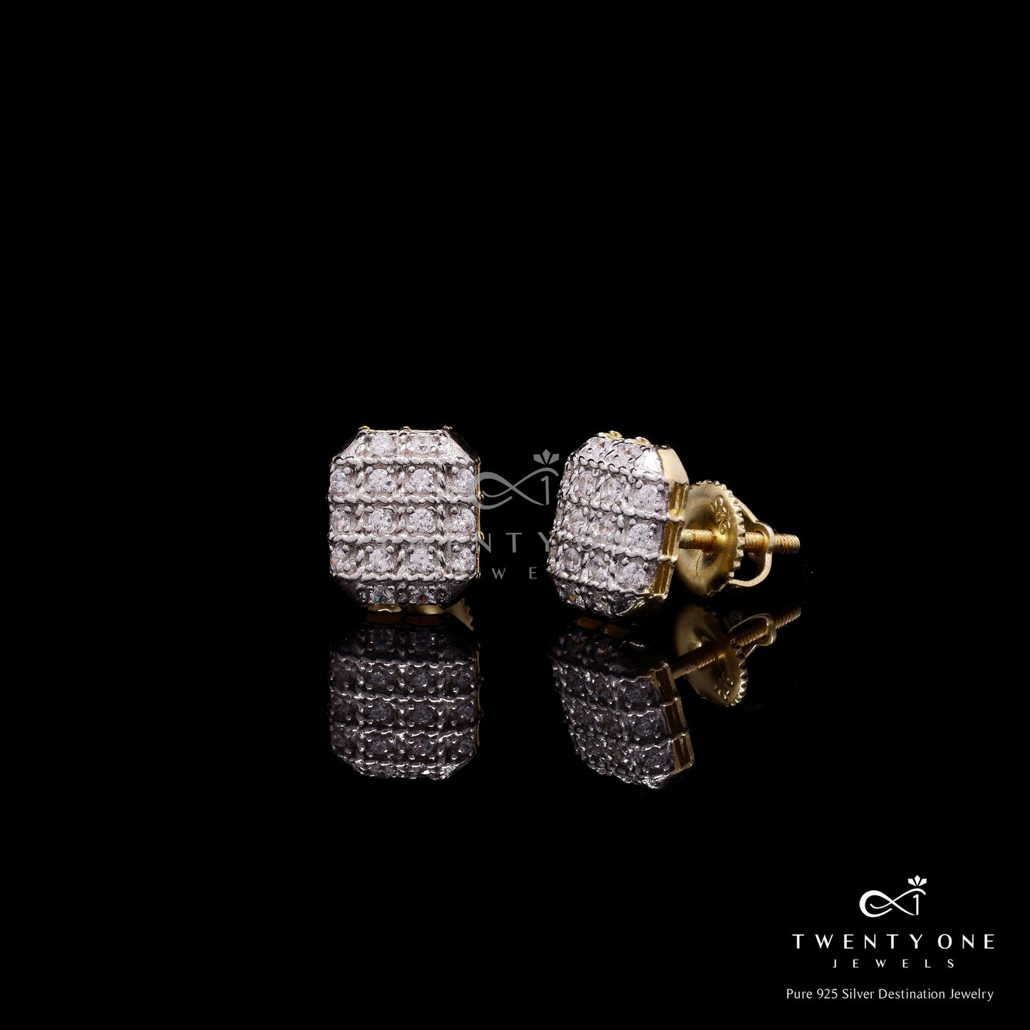 Pave Setting Diamond Studded Elle Studs in Champagne Gold Finish with Screw Backs