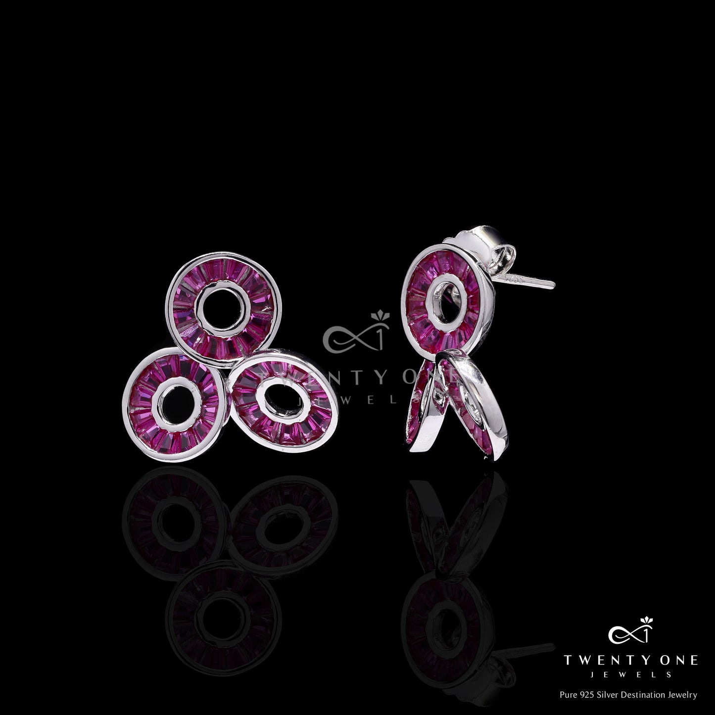 Ruby Baguette Curvy Earrings on Pure 925 Silver