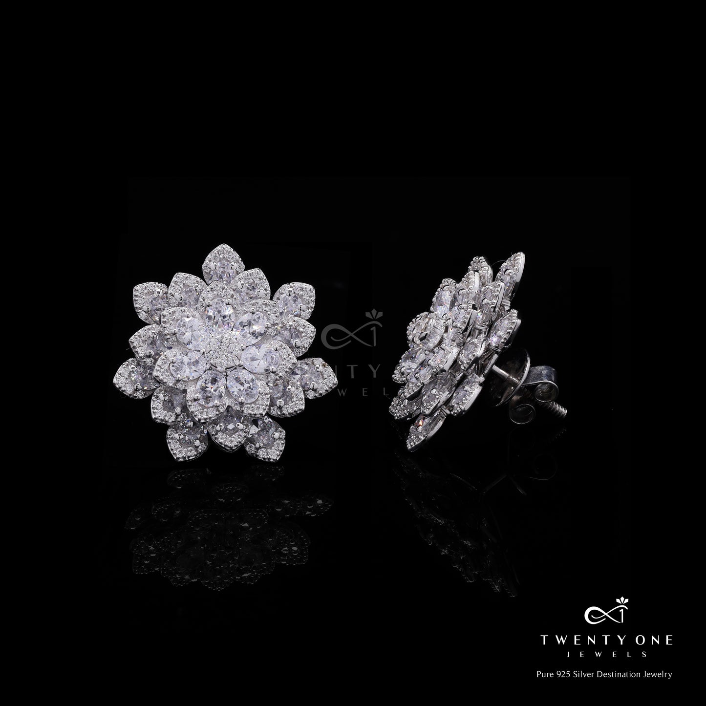 Premium Oval Solitaire Samira Floral Studs with Premium Screw Backs on Pure 925 Silver