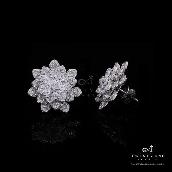 Premium Oval Solitaire Samira Floral Studs with Premium Screw Backs on Pure 925 Silver