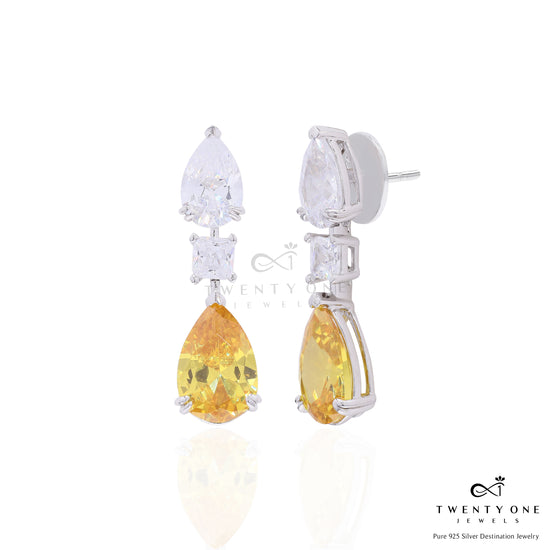 Yellow and White Diamond Drop Solitaire Party Earrings with Princess Cut Centre on Pure 925 Silver