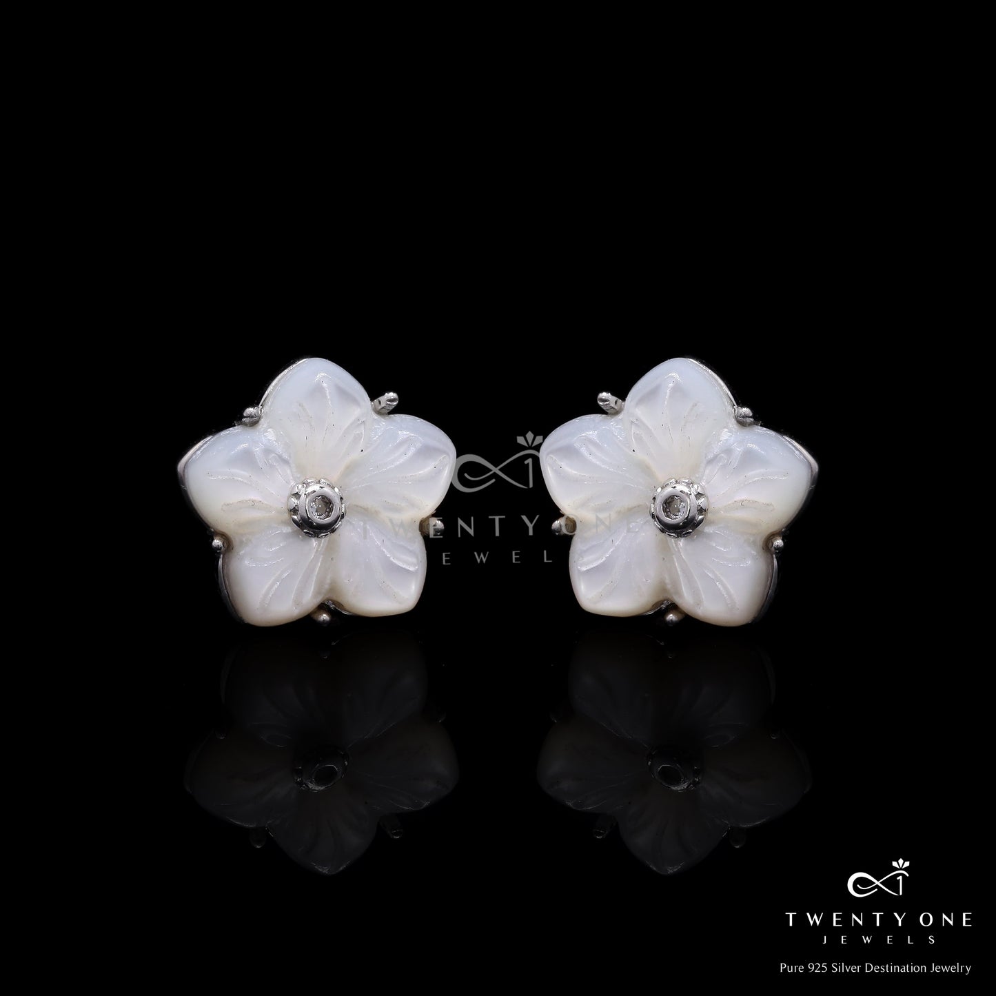Mother of Pearl Carved Floral Stud Earrings on Pure 925 Silver