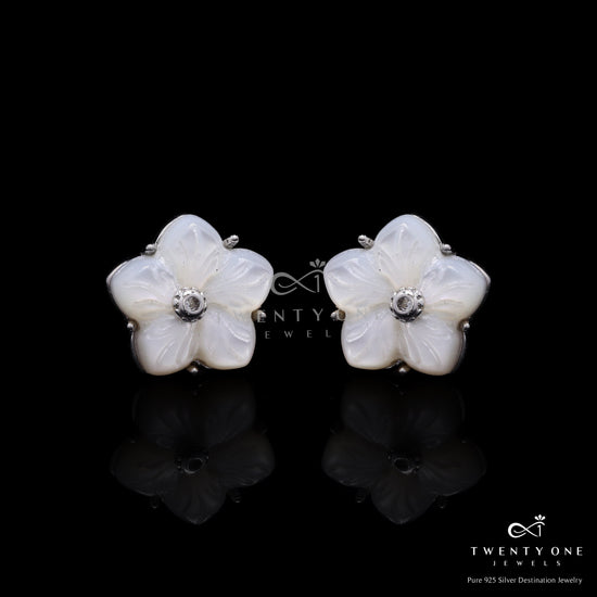 Mother of Pearl Carved Floral Stud Earrings on Pure 925 Silver