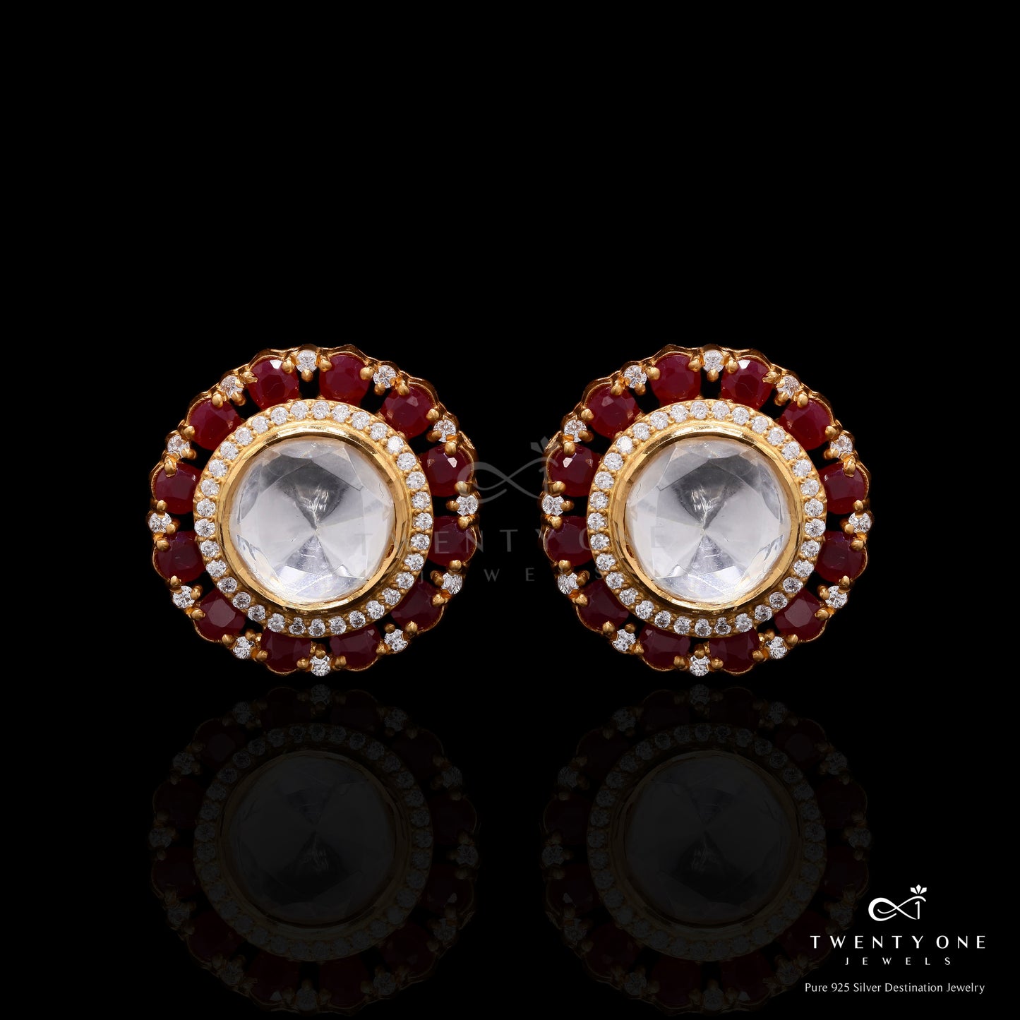 Pure 925 Silver Moissanite Polki and Ruby Chitra Statement Studs