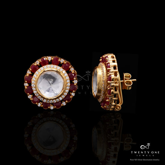 Pure 925 Silver Moissanite Polki and Ruby Chitra Statement Studs