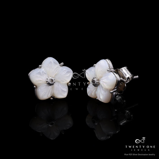 Mother of Pearl Carved Floral Stud Earrings on Pure 925 Silver