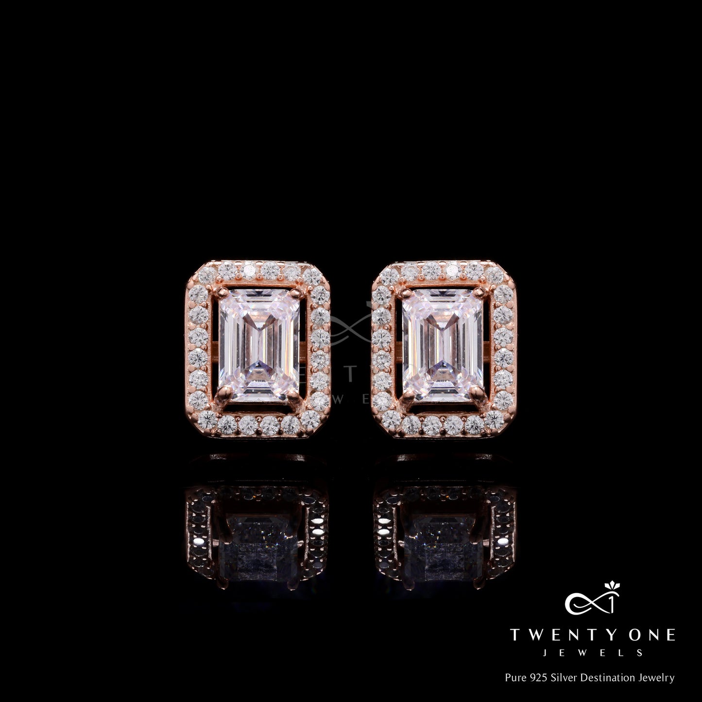 Light Weight 1.5 Carat Emerald Cut Rose Gold Solitaire Stud Earrings on 925 Silver with Screw Backs