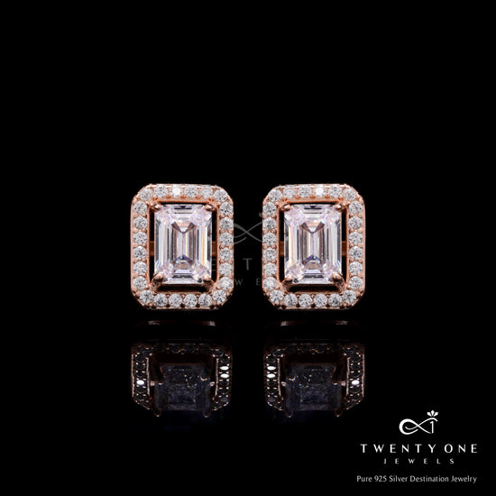 Light Weight 1.5 Carat Emerald Cut Rose Gold Solitaire Stud Earrings on 925 Silver with Screw Backs