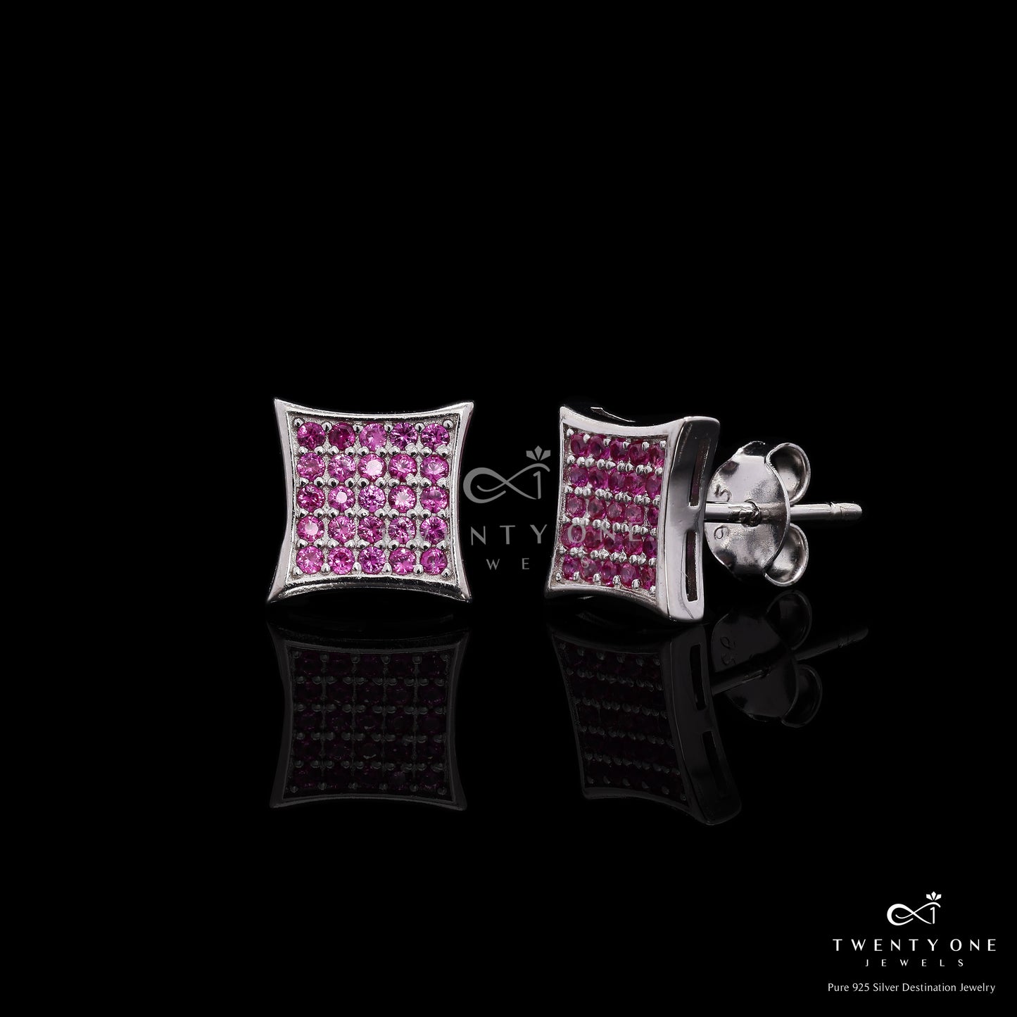 Ruby Pave Setting Diamond Studded White Gold Finish Kai Studs with Push Backs