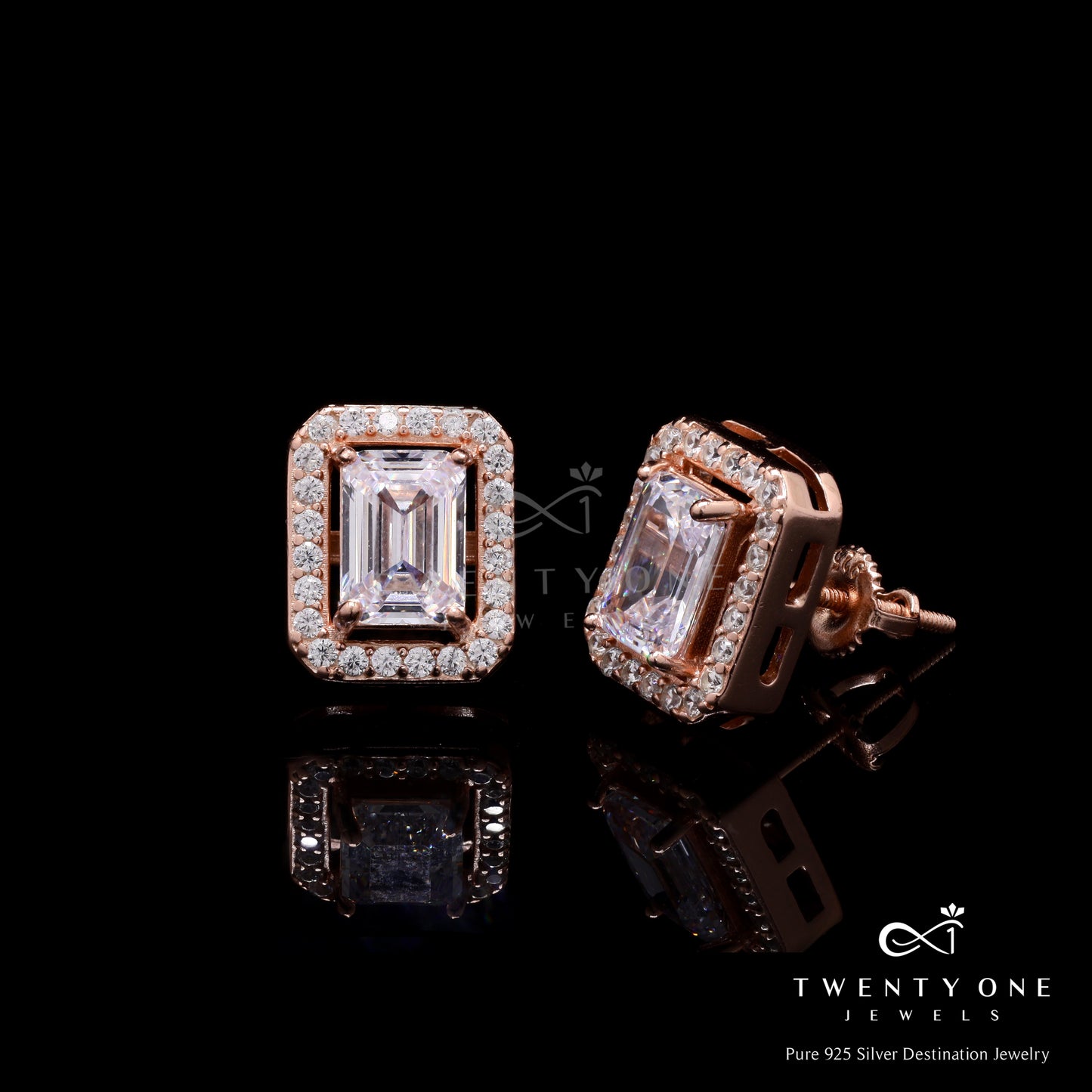Light Weight 1.5 Carat Emerald Cut Rose Gold Solitaire Stud Earrings on 925 Silver with Screw Backs