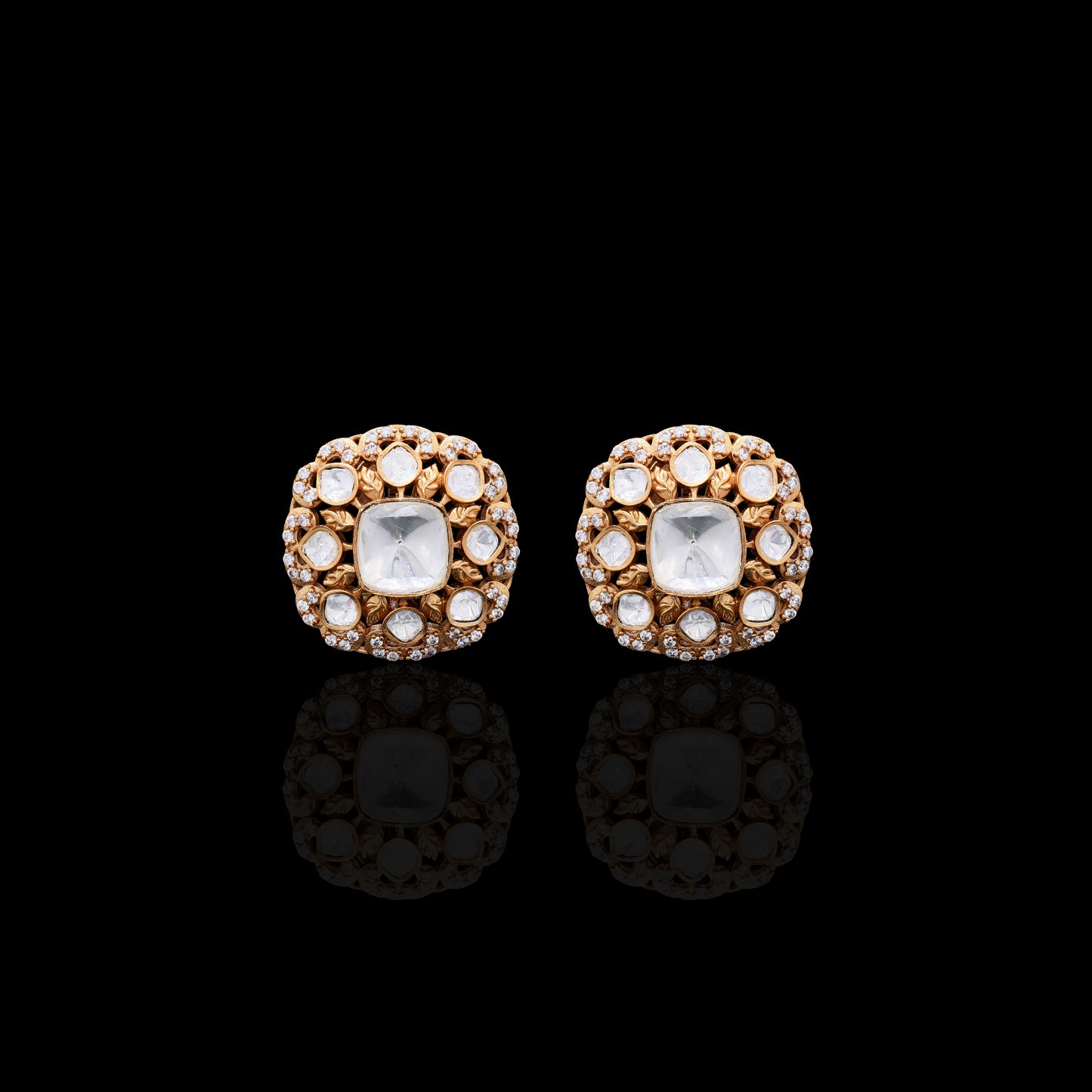 Square Polki Gold Finish Studs with Intricate Handwork