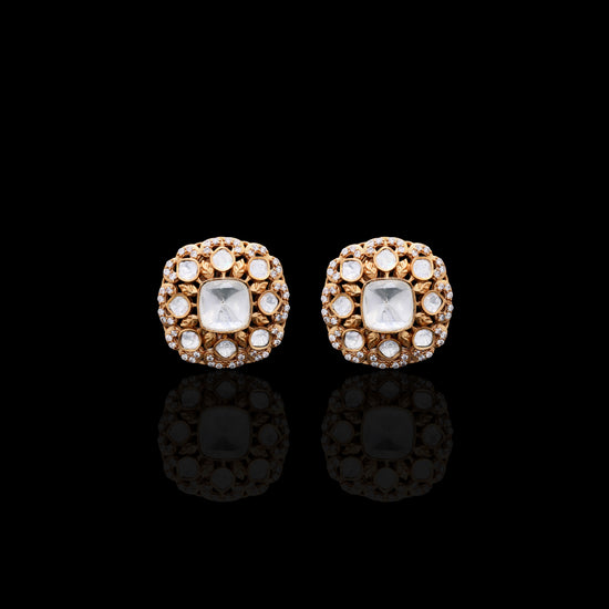 Square Polki Gold Finish Studs with Intricate Handwork
