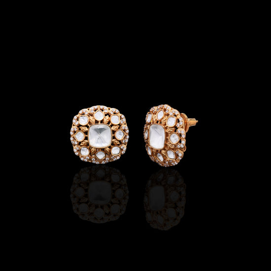 Square Polki Gold Finish Studs with Intricate Handwork
