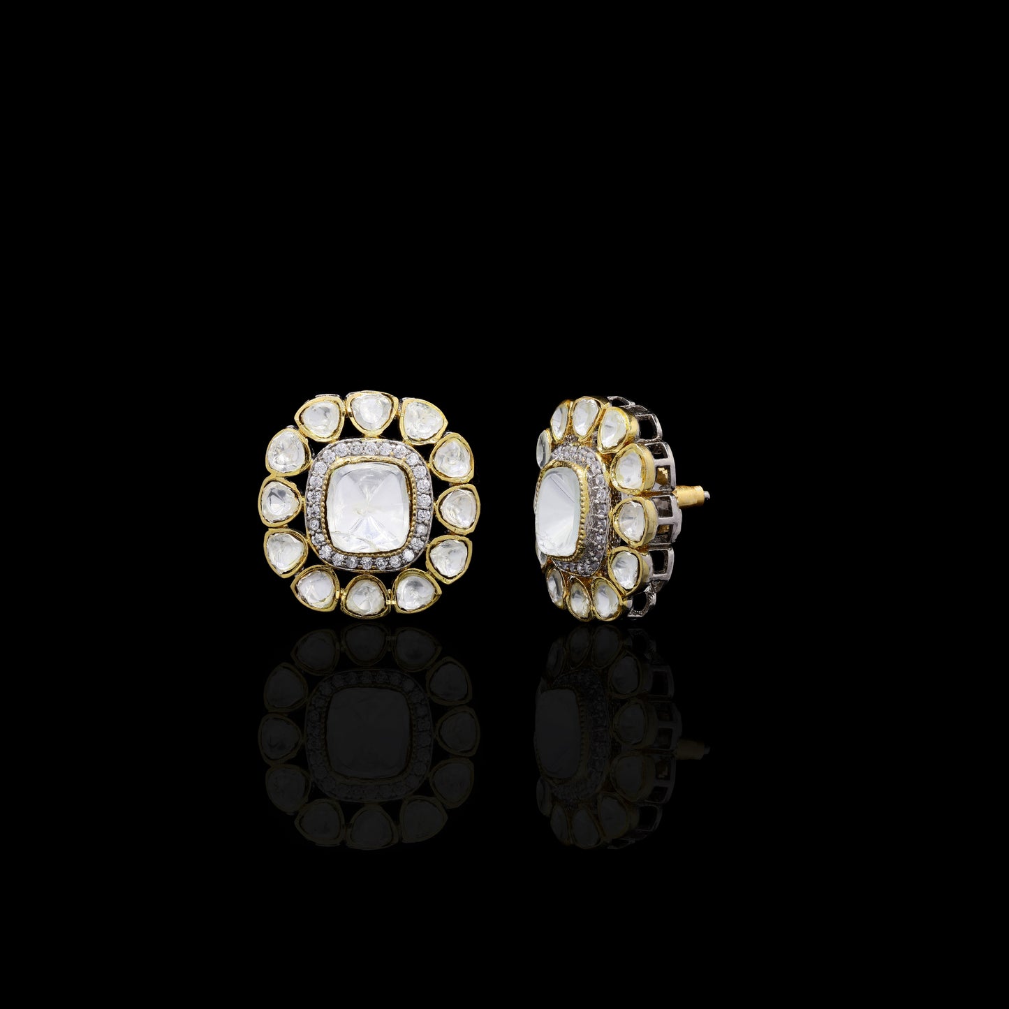 Antique Gold Finish Polki Stud Earrings