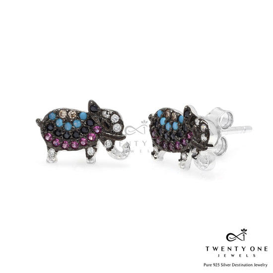 Premium Colourful Lucky Elephant Antique Finish Pendant Set with Chain on Pure 925 Silver