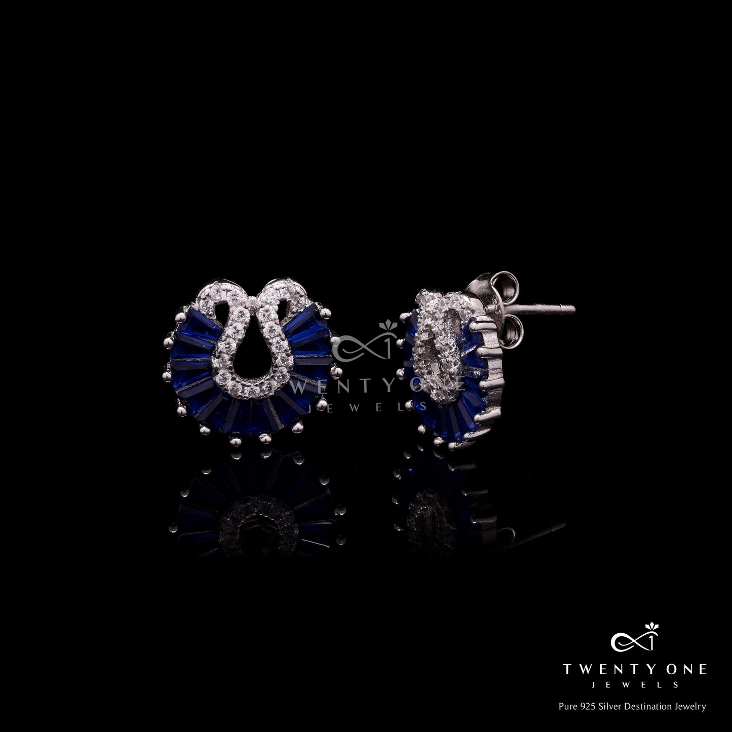 Blue Sapphire Baguette Peacock Studs on Pure 925 Silver.