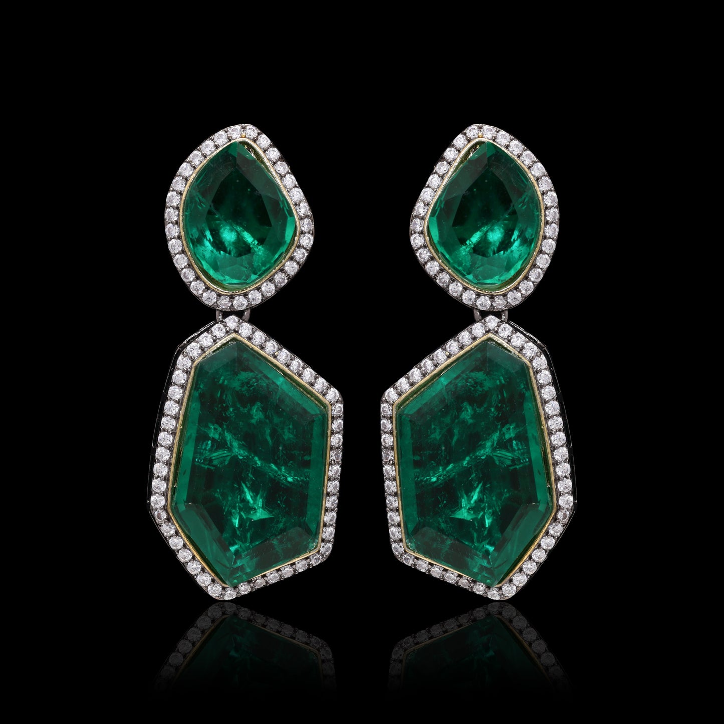 TOJ Everyday - Hydro Emerald Natural Cut Girija Party Earrings with Back Diamond Handwork