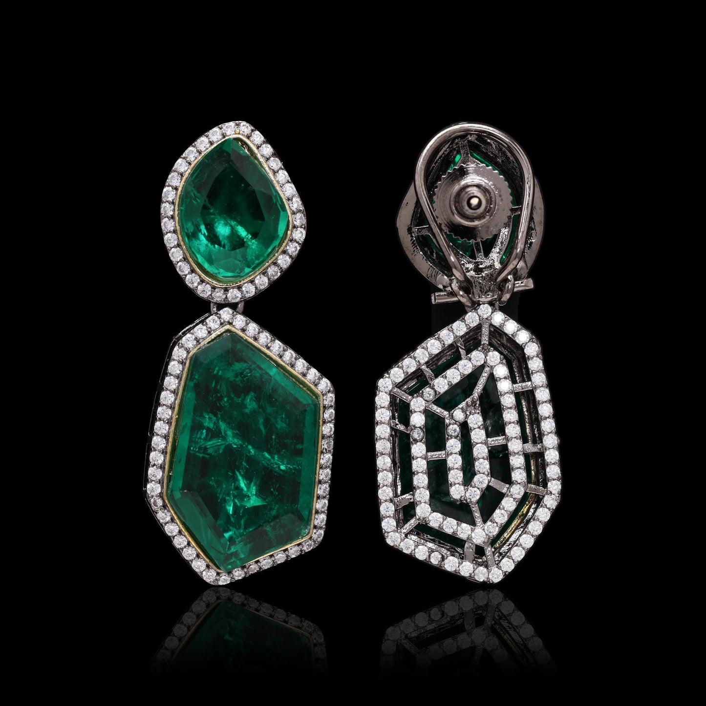TOJ Everyday - Hydro Emerald Natural Cut Girija Party Earrings with Back Diamond Handwork