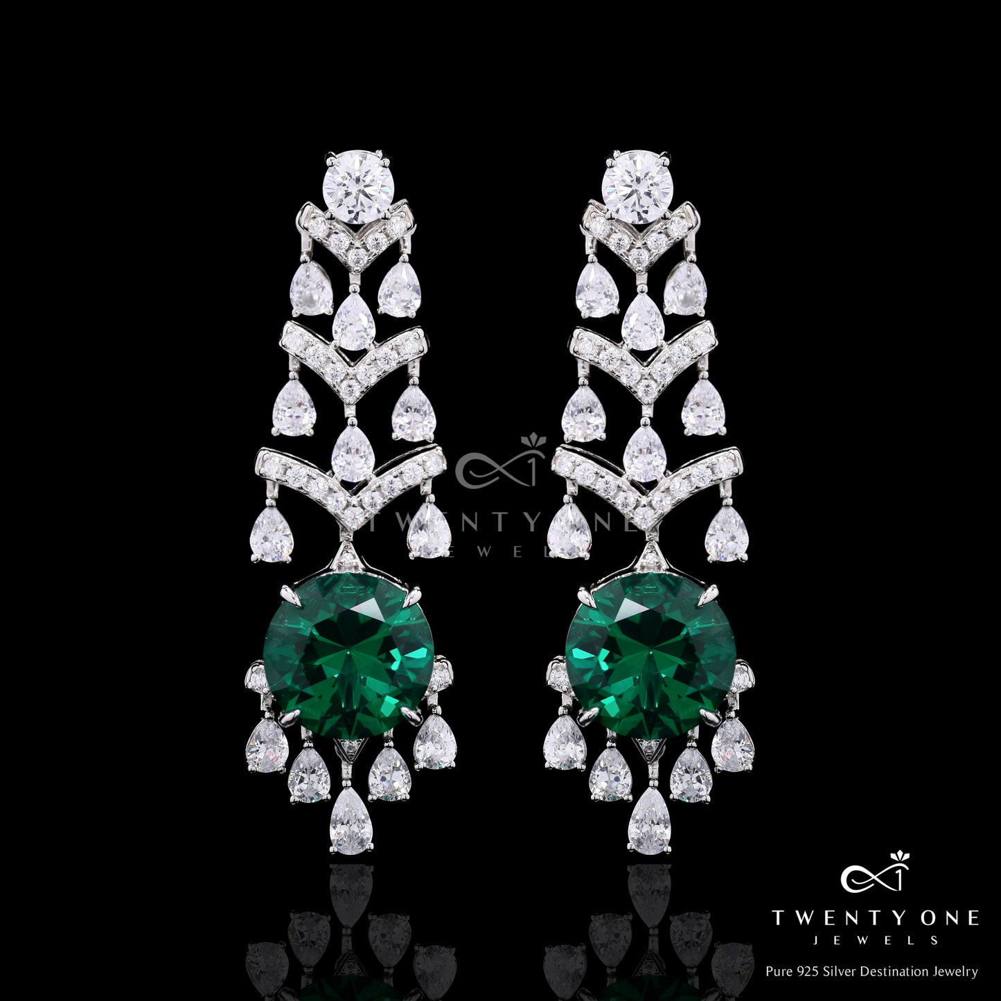Green Emerald and Round Cut Solitaire Harissa Party Earrings