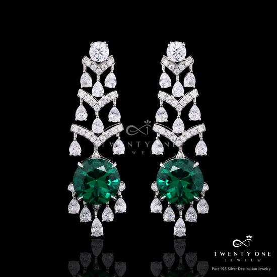 Green Emerald and Round Cut Solitaire Harissa Party Earrings