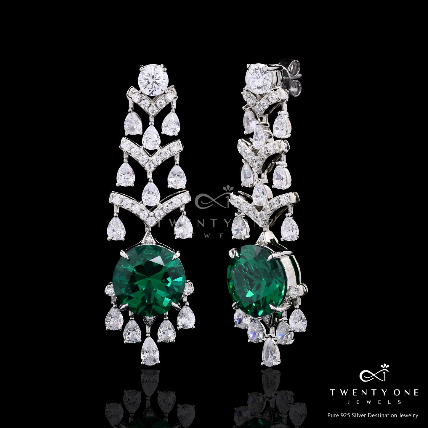 Green Emerald and Round Cut Solitaire Harissa Party Earrings