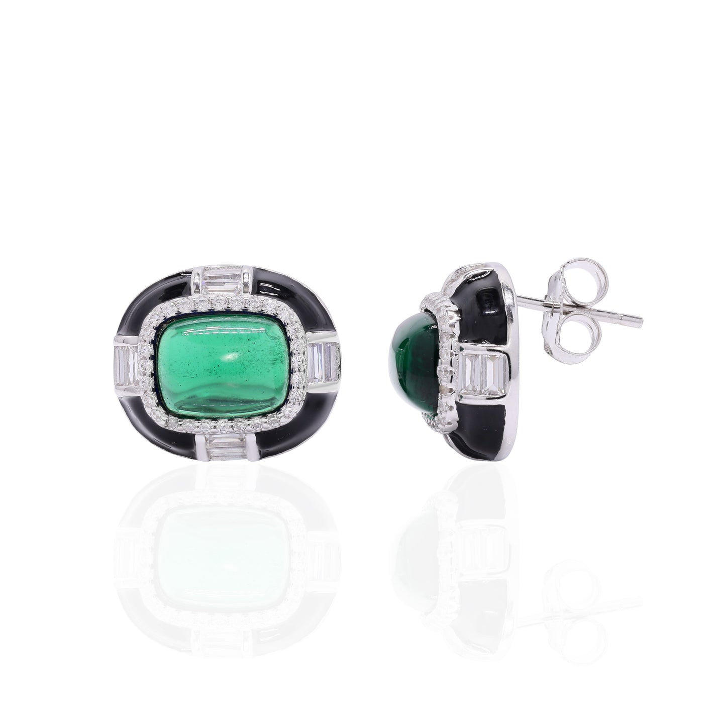 Ultra Premium Emerald Cabochon Black Onyx Stud Earrings on Pure 925 Silver