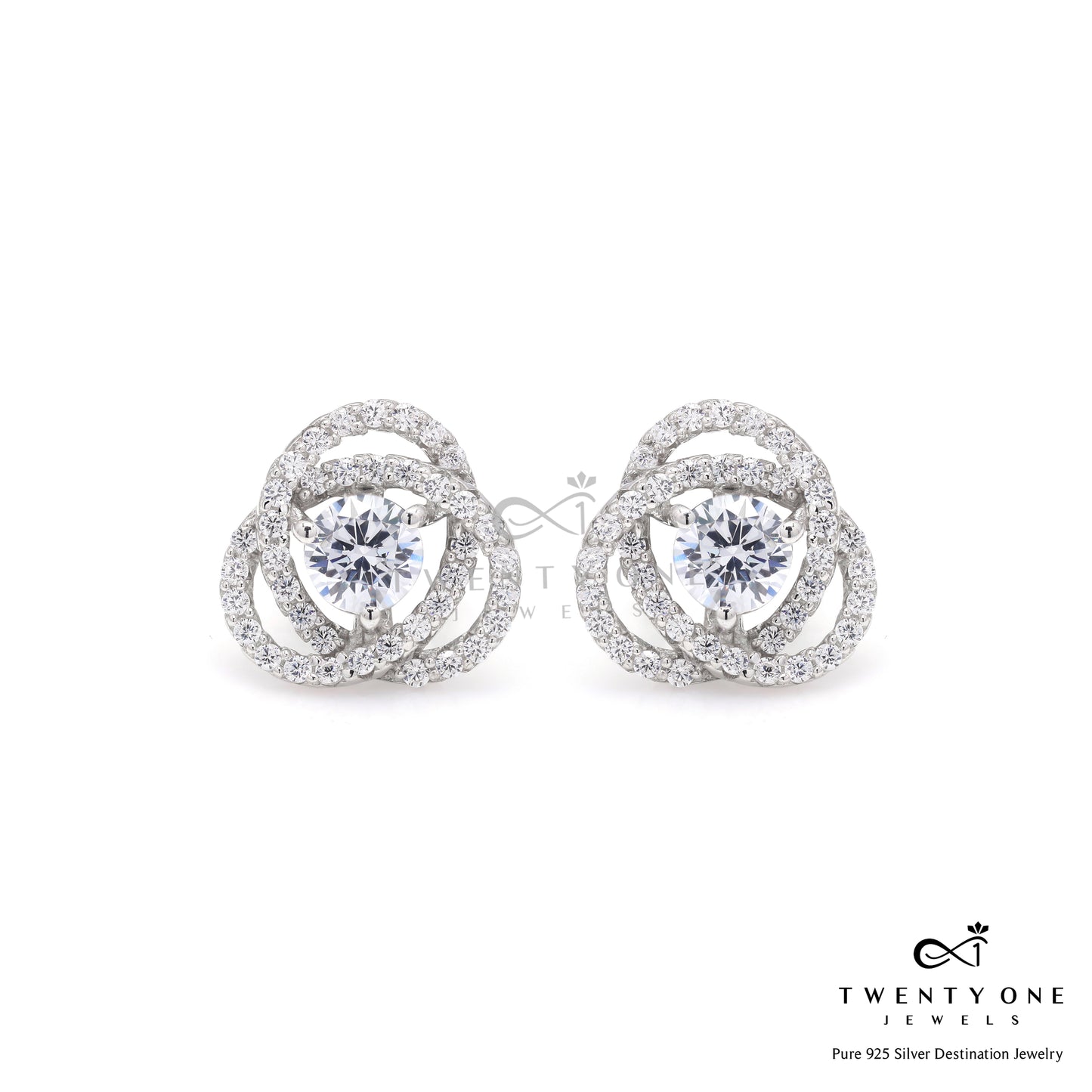 Intertwined Cluster Fauzia Solitaire Studs with Premium Screw Backs - White Gold Finish