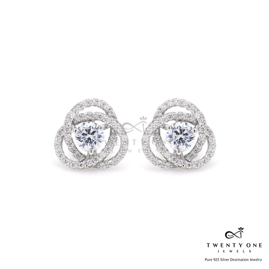 Intertwined Cluster Fauzia Solitaire Studs with Premium Screw Backs - White Gold Finish