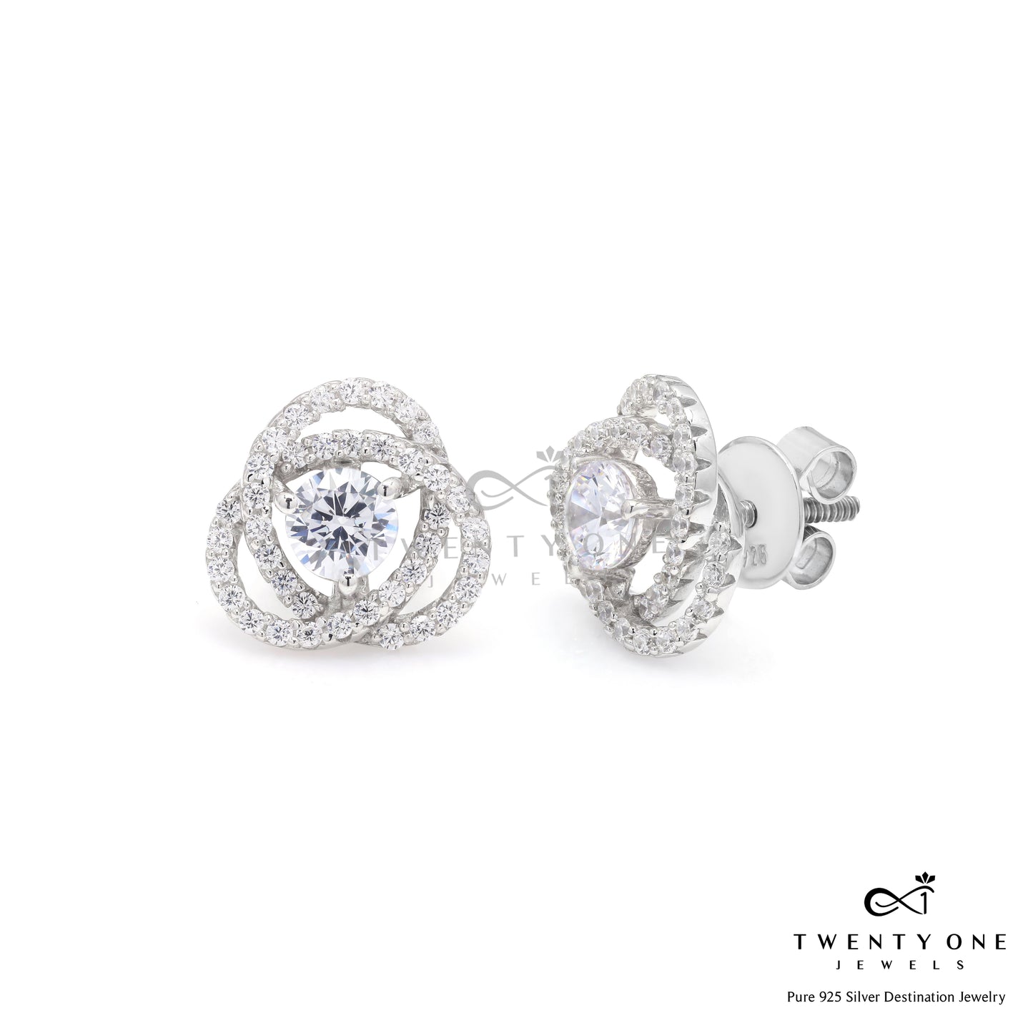 Intertwined Cluster Fauzia Solitaire Studs with Premium Screw Backs - White Gold Finish