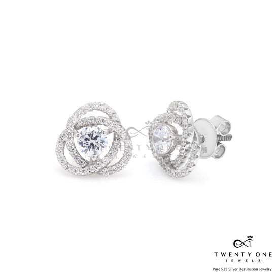 Intertwined Cluster Fauzia Solitaire Studs with Premium Screw Backs - White Gold Finish