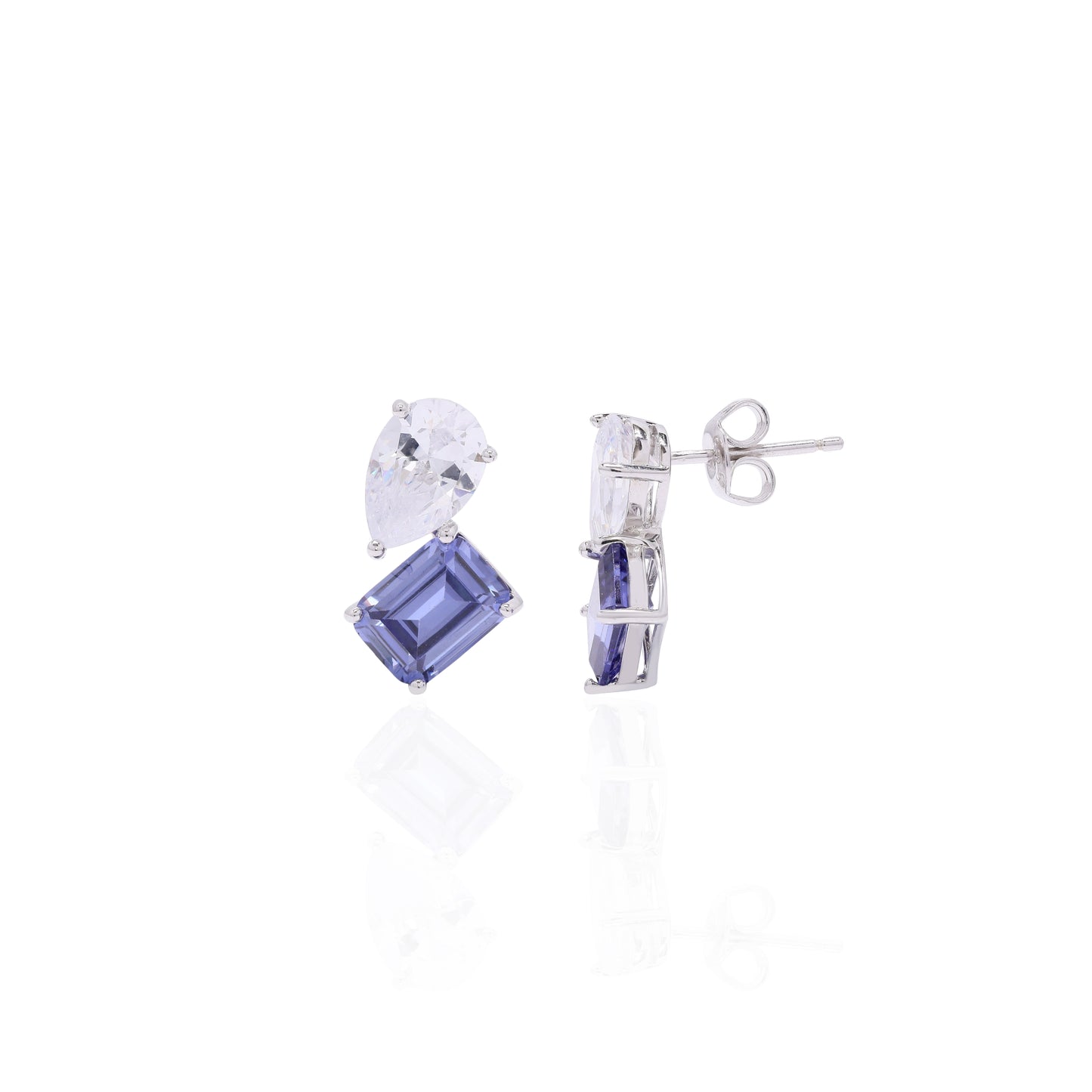 Premium Drop and Emerald Cut Blue Sapphire Solitaire Valleta Stud Earring on Pure 925 Silver